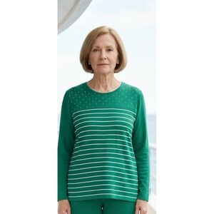 Kim Rogers Perfectly Soft Womens 1X Green Polka Dot Stripe 3/4 Sleeve Top